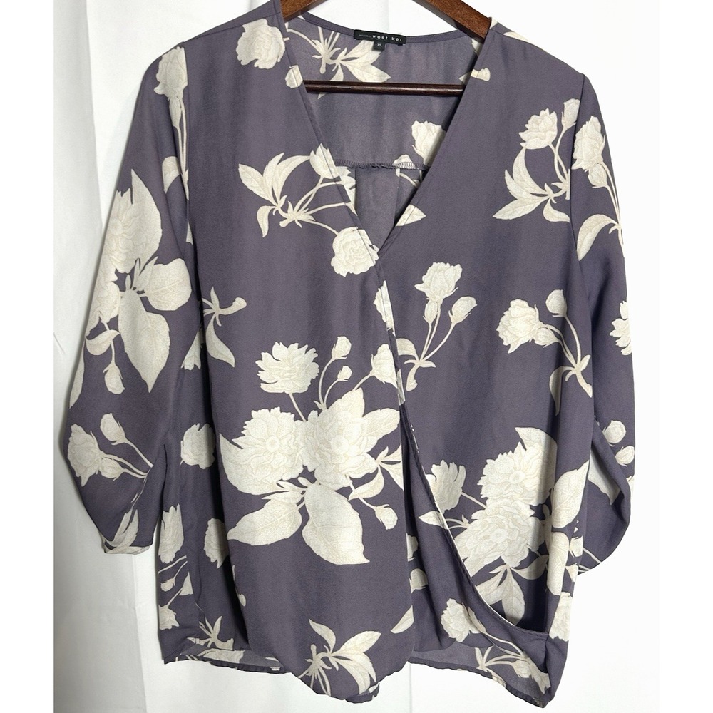 West Kei Purple Floral Blouse Women XL 3/4-Sleeve Coastal Vacation Travel Mature